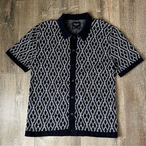 Abercrombie & Fitch Men’s Button Up Polo Sweater Geometric Pattern Navy Medium